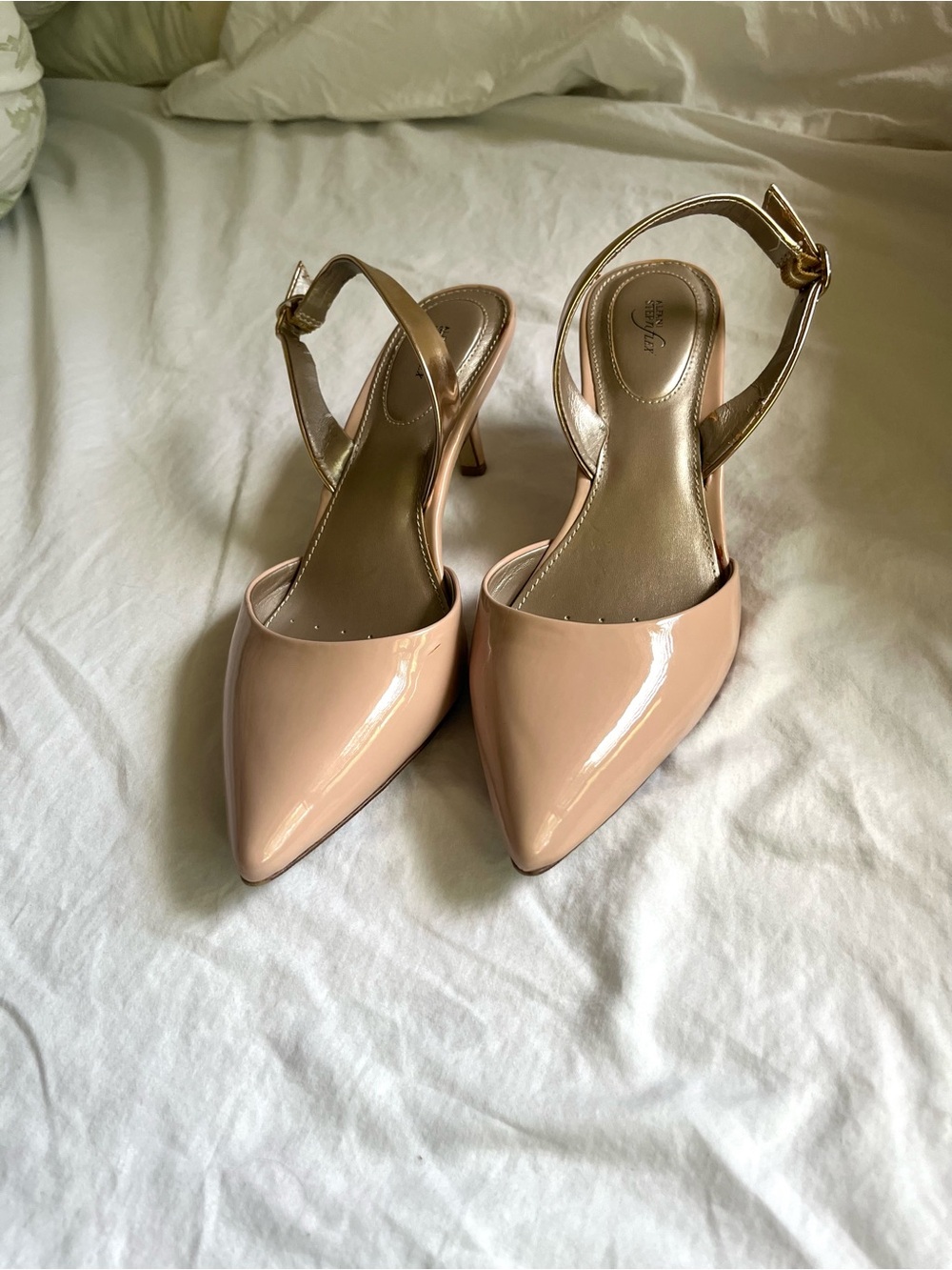 Alfani Nude Patent Pointed Slingback Heels with Gold Strap
